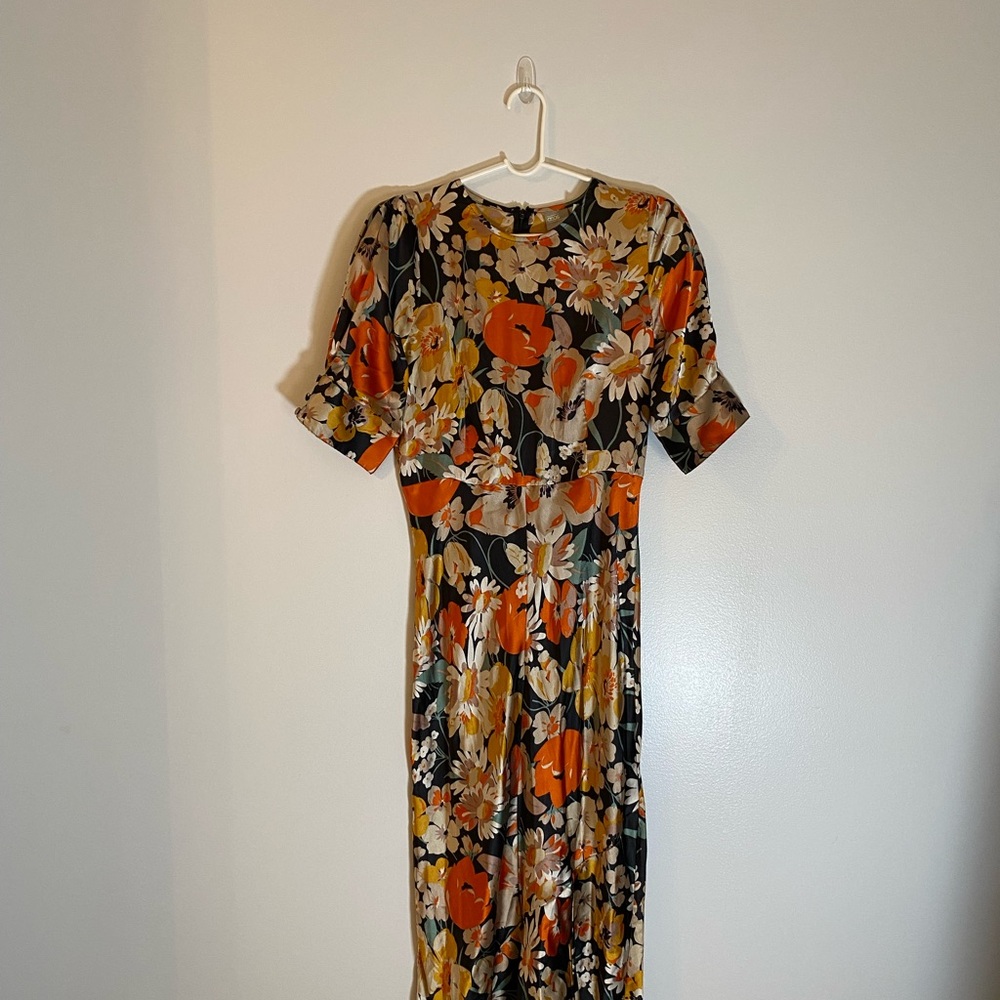 ASOS DESIGN bias midi dress with puff sleeves in satin floral print